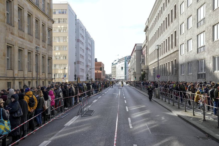 Voters queue at a polling station near the Russian embassy in Berlin, after noon local time, on Sunday, March 17, 2024. The Russian opposition has called on people to head to polling stations at noon  ...