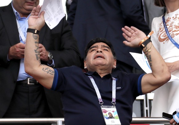 epa06851725 Argentinian soccer legend Diego Maradona during the FIFA World Cup 2018 round of 16 soccer match between France and Argentina in Kazan, Russia, 30 June 2018.

(RESTRICTIONS APPLY: Editor ...