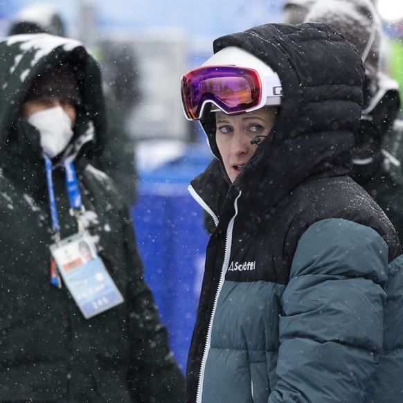 Fanny Smith of Switzerland looks on after the big final run at the women&#039;s ski freestyle cross competition at the 2022 Winter Olympics in Zhangjiakou, China, on Thursday, February 17, 2022. (KEYS ...