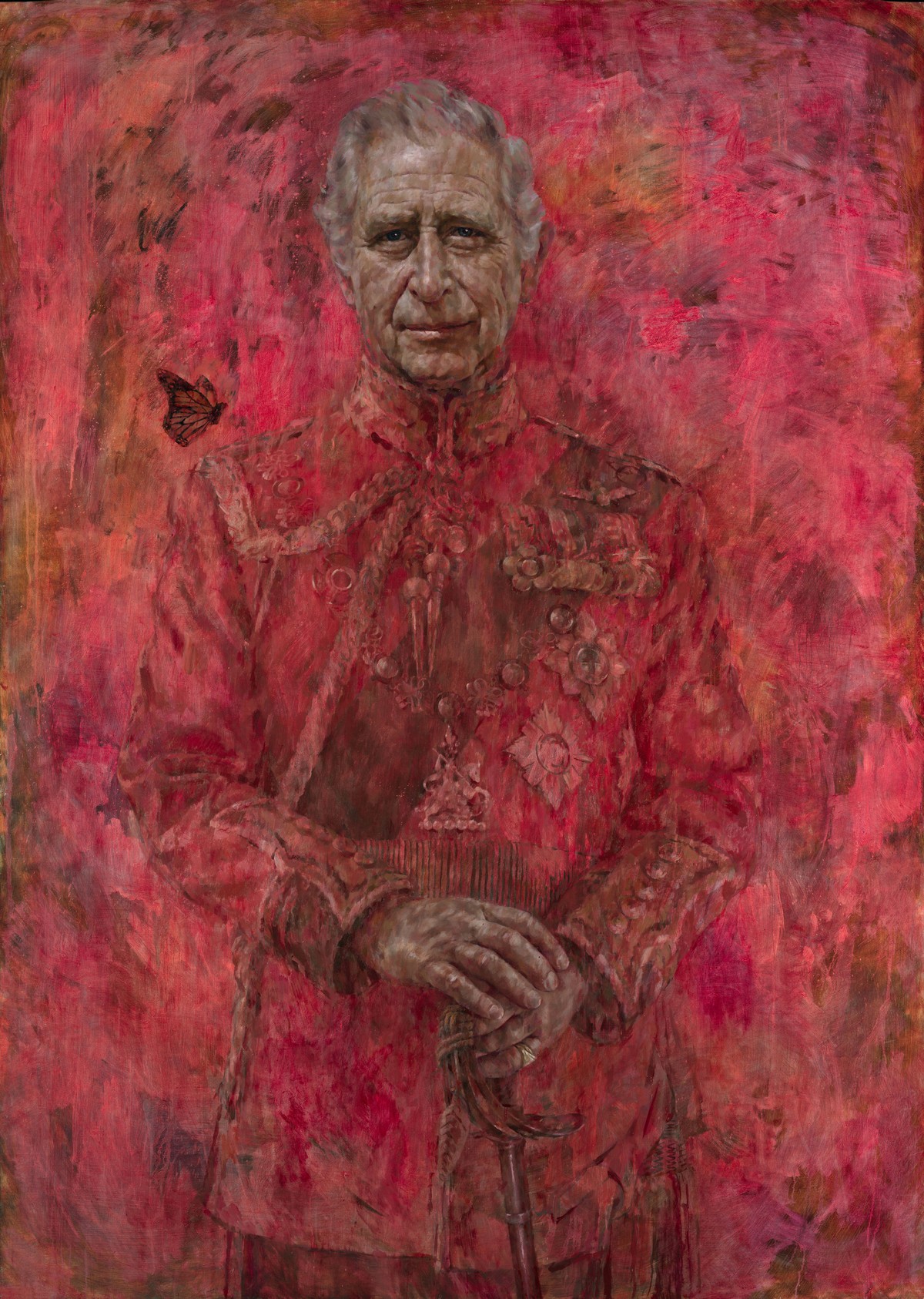 This undated photo issued on Tuesday May 14, 2024 by Buckingham Palace of artist Jonathan Yeo's oil on canvas portrait of Britain's King Charles III. The portrait was commissioned in 2020 to ...