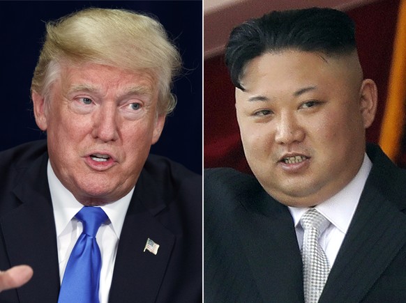 FILE - This combination of the file photos show President Donald Trump, left, on Oct. 25, 2017, in Dallas and North Korean leader Kim Jong Un, right, on April 15, 2017 in Pyongyang. President Trump wi ...