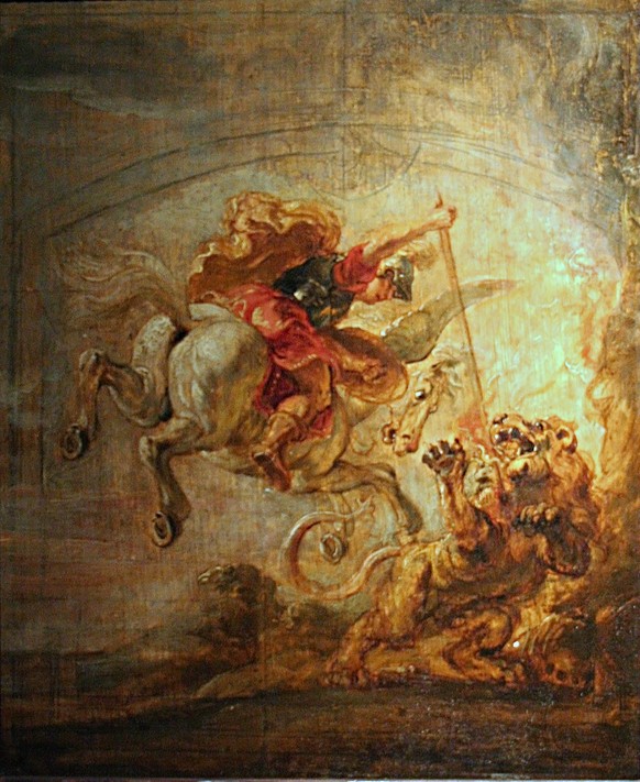 Peter Paul Rubens «Bellerophontes, Pegasus und Chimäre», 1635. Pegasus als geflügeltes Pferd des Helden wird erst bei späteren Dichtern erwähnt.