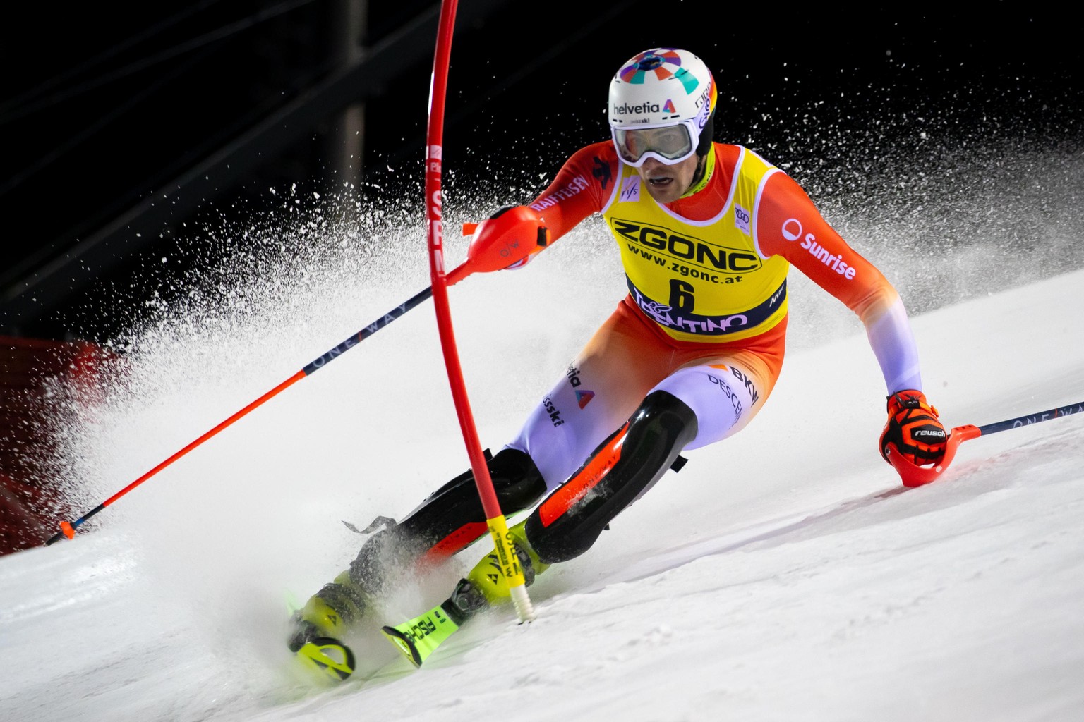 epa11041216 Daniel Yule of Switzerland clears the gate during the first round of the men's slalom at the FIS Alpine Skiing World Cup in Madonna di Campiglio, Italy, December 22, 2023. EPA/Andrea…