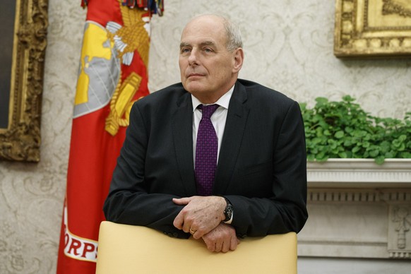 FILE - White House Chief of Staff John Kelly watches as President Donald Trump speaks in the Oval Office of the White House in Washington, Nov. 16, 2018. (AP Photo/Evan Vucci, File)
John Kelly