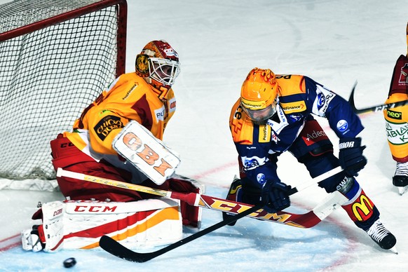 Der Zuercher Fredrik Pettersson bezwingt den Langnauer Torhueter Ivars Punnenovs , links, zum 1-0 fuer den ZSC beim Eishockeyspiel der National League ZSC Lions gegen die SCL Tigers im Hallenstadion i ...