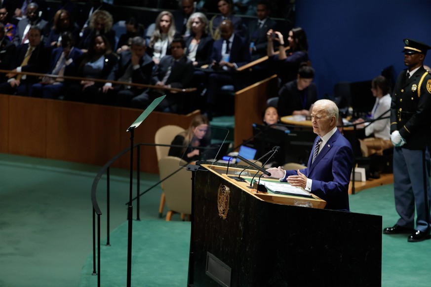 US President Joe Biden speaks at the UN General Assembly 78th session General Debate in UN General Assembly Hall at the United Nations Headquarters on Tuesday, September 19, 2023 in New York City. PUB ...