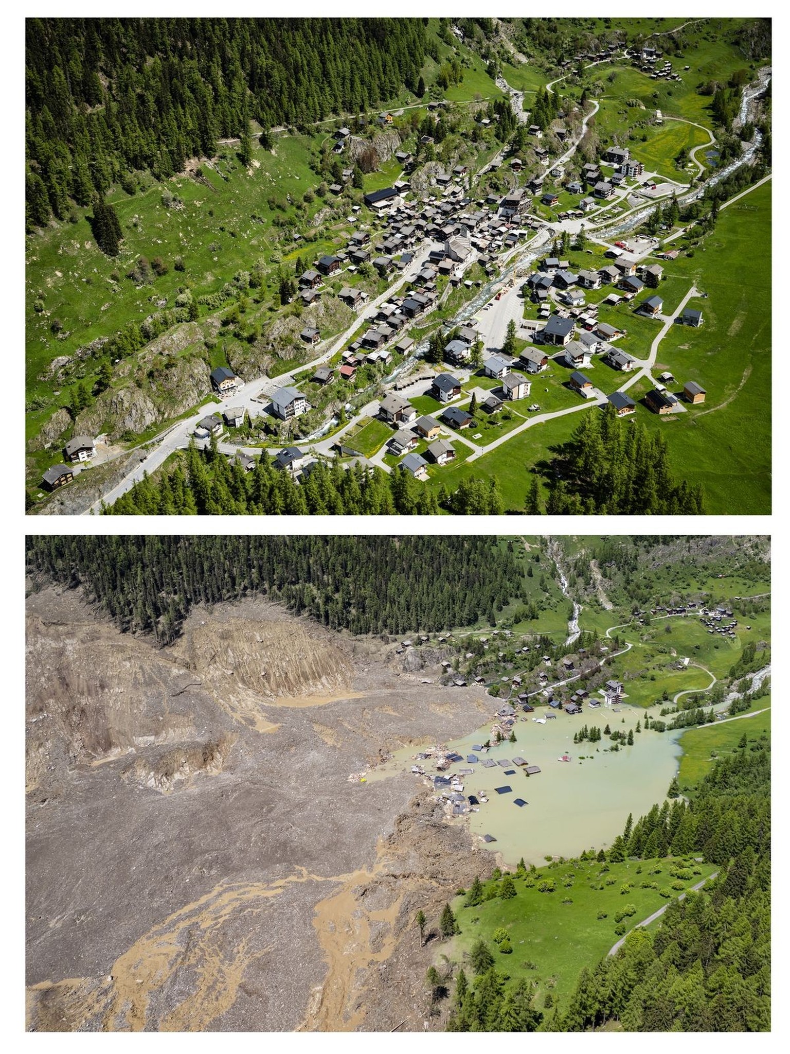 A combination of two photographs, showing the village of Blatten pictured on Friday, May 23, 2025 at the top and the picture of the village of Blatten, at the bottom, one day after a massive avalanche ...