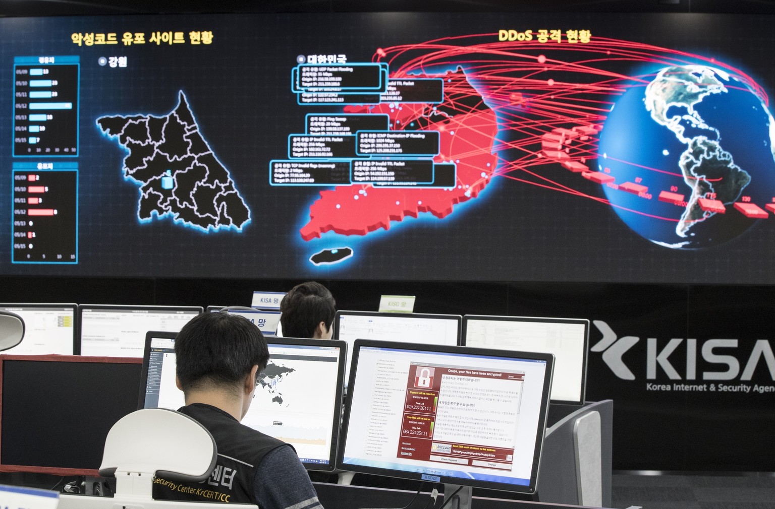 In this Monday, May 15, 2017, file photo, employees watch electronic boards to monitor possible ransomware cyberattacks at the Korea Internet and Security Agency in Seoul, South Korea. A couple of thi ...