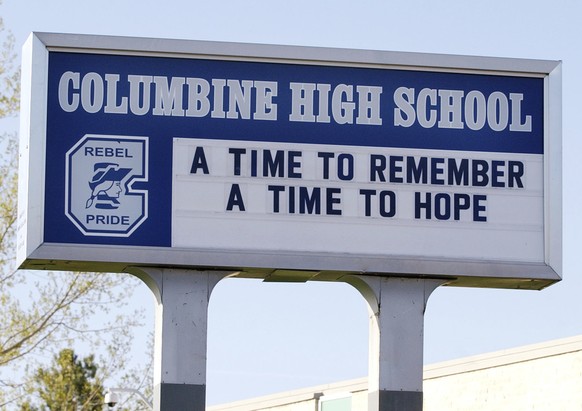 FILE - In this April 19, 2004, file photo, a sign at Columbine High School in Littleton, Colo. Students who were planning to attack schools showed the same types of troubled histories as those who car ...