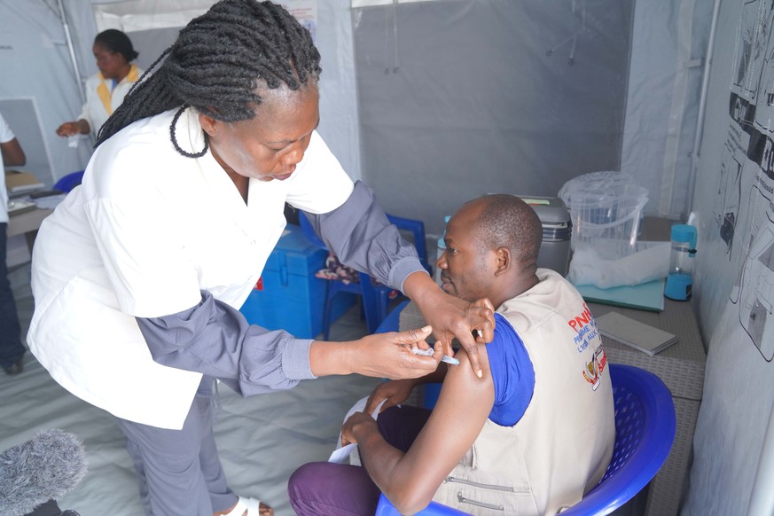 A healthcare worker administers a dose of the Ervebo vaccine at an Ebola vaccination center in Bunia, Ituri province, Congo, Saturday, Sept. 19, 2026. (AP Photo/Dieudonne Dirole)
Congo Ebola
