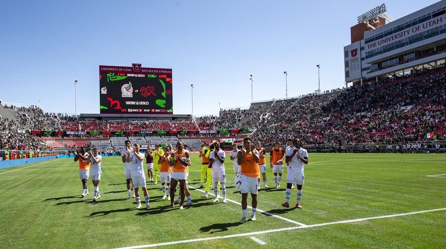 Switzerland&#039;s soccer players celebrate the victory with fans during a Friendly soccer match between Mexico and Switzerland at the Rice-Eccles Stadium, in Salt Lake City, Utah, United States of Am ...