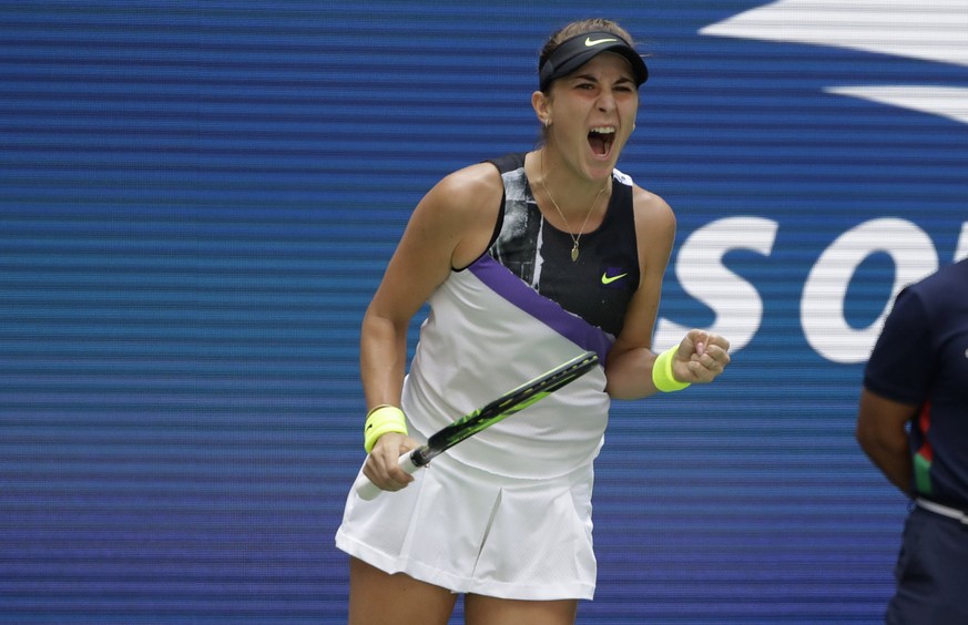 Belinda Bencic, of Switzerland, pumps her fist after winning a point against Donna Vekic, of Croatia, during the quarterfinals of the U.S. Open tennis championships Wednesday, Sept. 4, 2019, in New Yo ...