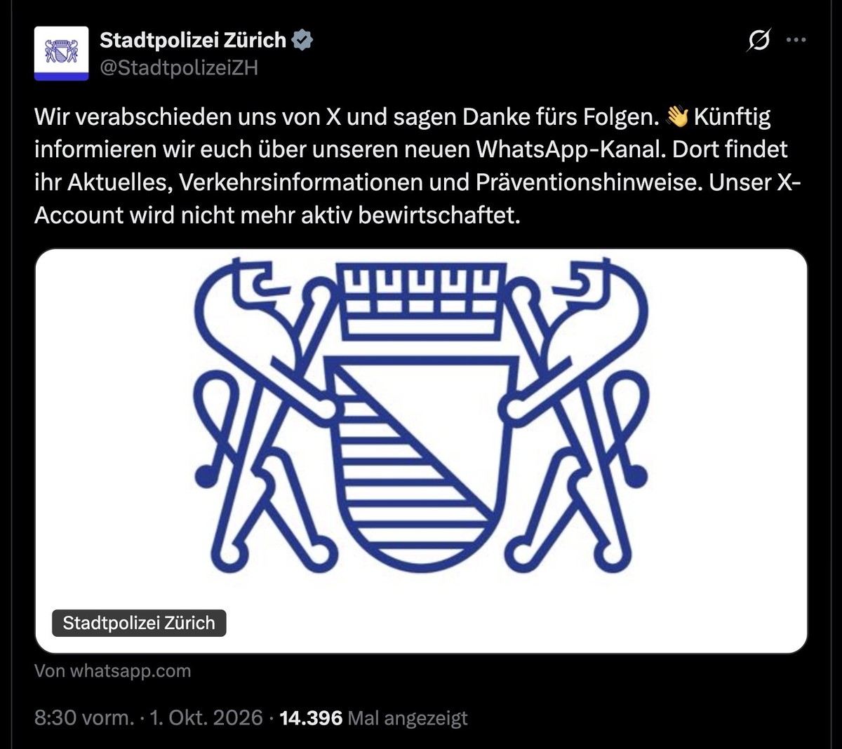 Stadtpolizei Zürich gibt Ausstieg bei X bekannt (1. Oktober 2026).