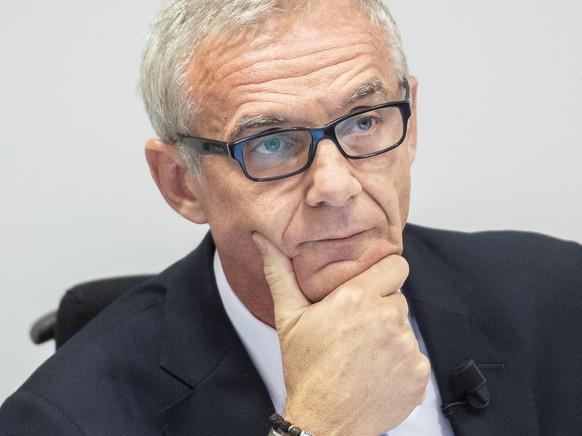 Urs Rohner, president of the board of Credit Suisse, speaks during a press conference of the Observation of Iqbal Khan in Zuerich, Switzerland, Tuesday, Oct. 1, 2019. (Ennio Leanza/Keystone via AP)