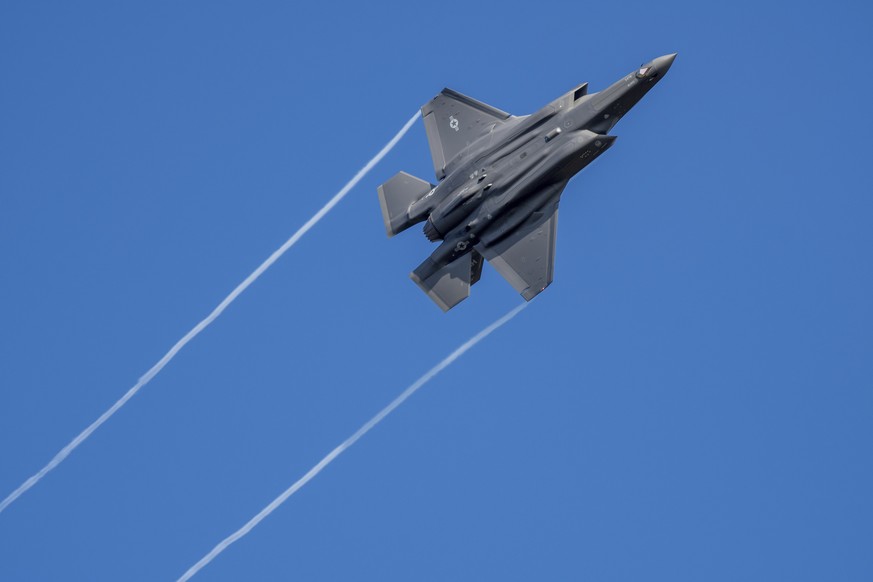 A U.S. F-35 fighter jet flies over the Eifel Mountains near Spangdahlem, Germany, Wednesday, Feb. 23, 2022. The U.S. Armed Forces moved stealth fighter jets to Spangdahlem Air Base a few days ago. The ...
