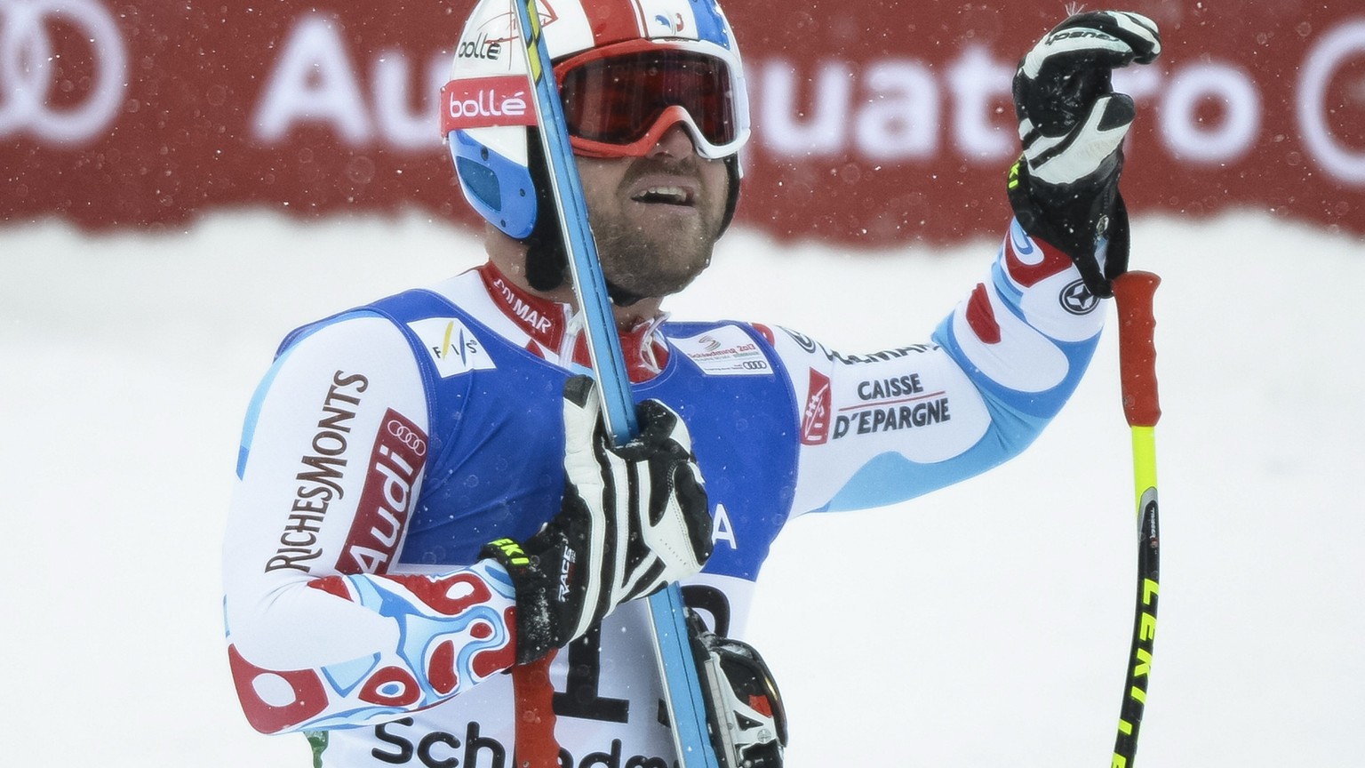 ARCHIVBILD ZUM TOEDLICHEN UNFALL DES FRANZOESISCHEN SKIRENNFAHRERS DAVID POISSON, AM MONTAG, 13. NOVEMBER 2017 - David Poisson of France, bronze medal, reacts in the finish area during the Men&#039;s  ...