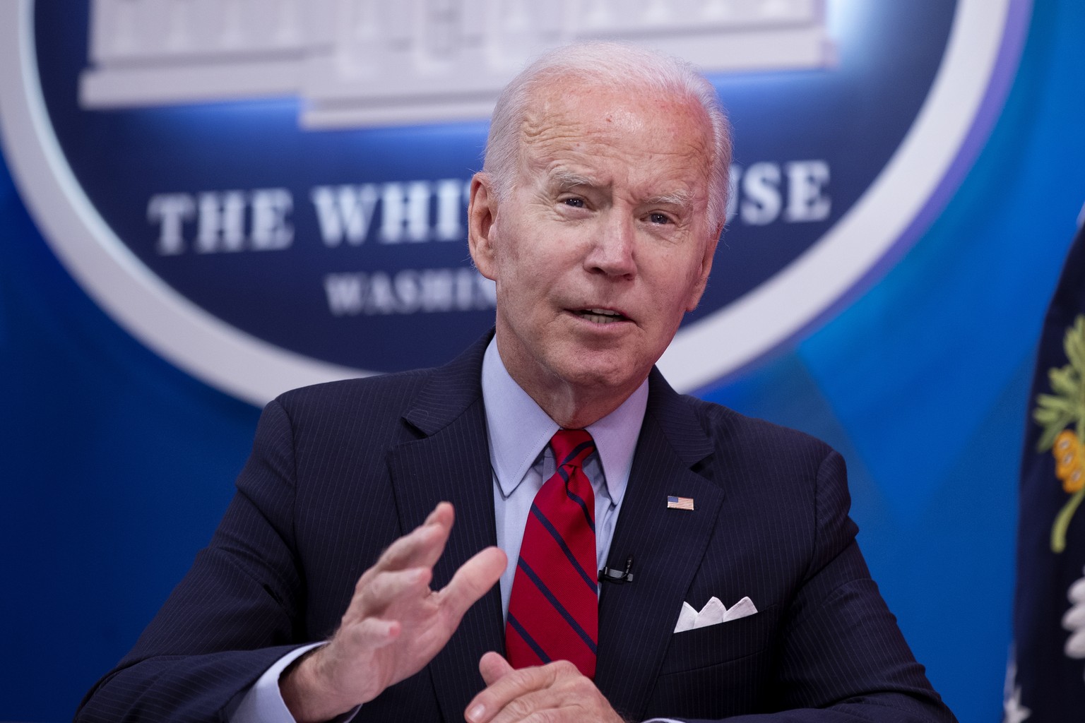 epa10046751 US President Joe Biden speaks during a virtual meeting with Governors to discuss efforts to protect access to reproductive health care, in the Eisenhower Executive Office Building on the W ...