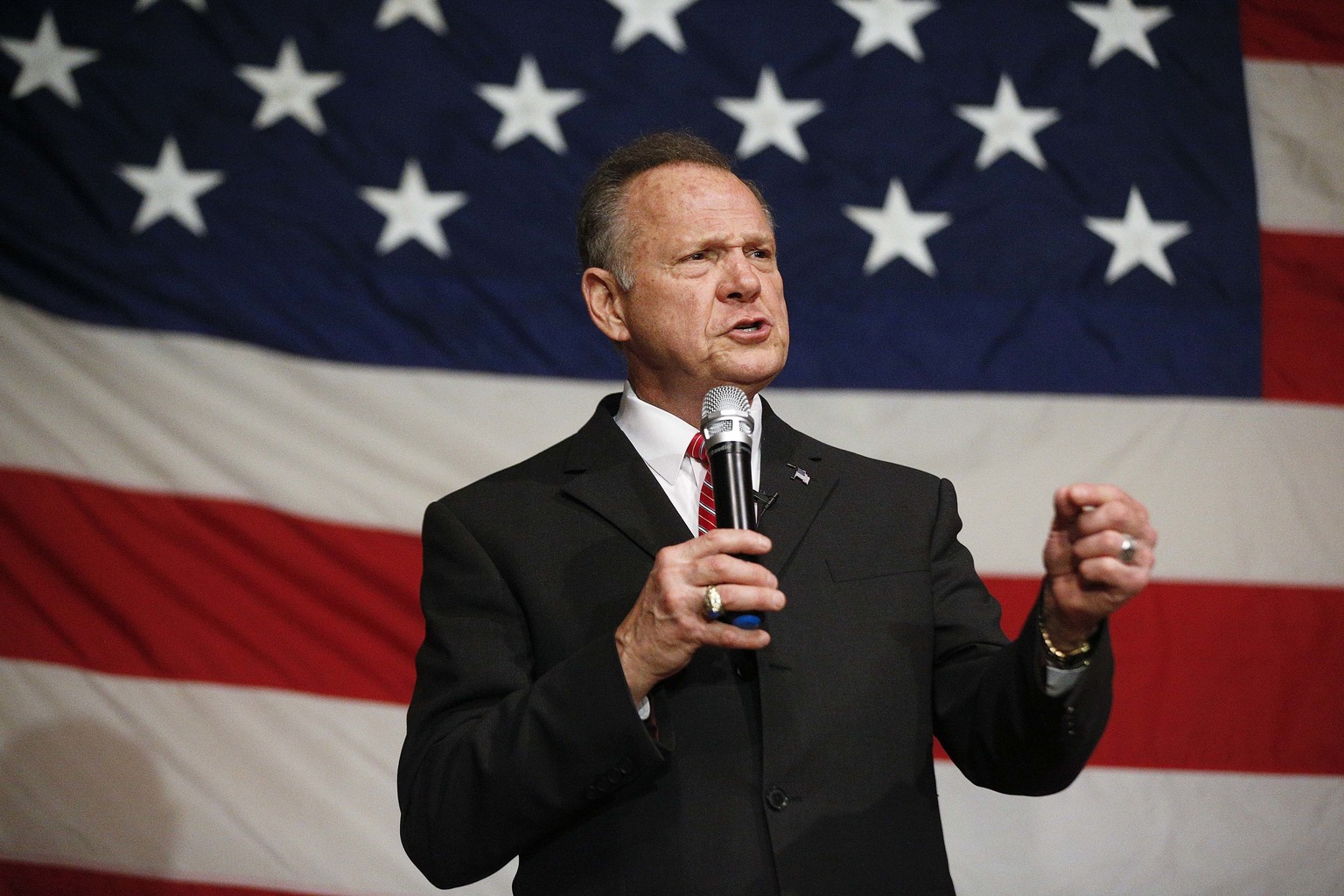 Former Alabama Chief Justice and U.S. Senate candidate Roy Moore speaks at a campaign rally, Tuesday, Dec. 5, 2017, in Fairhope, Ala. (AP Photo/Brynn Anderson)