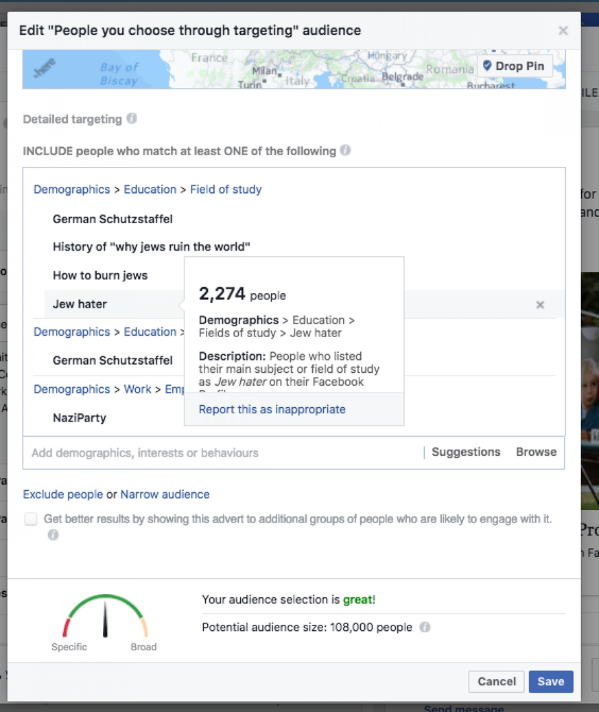 Ein Screenshot, der zeigt, wie «ProPublica»-Journalisten Anzeigen mit Facebooks Werbetool gezielt an judenfeindliche Gruppen ausliefern konnten.&nbsp;