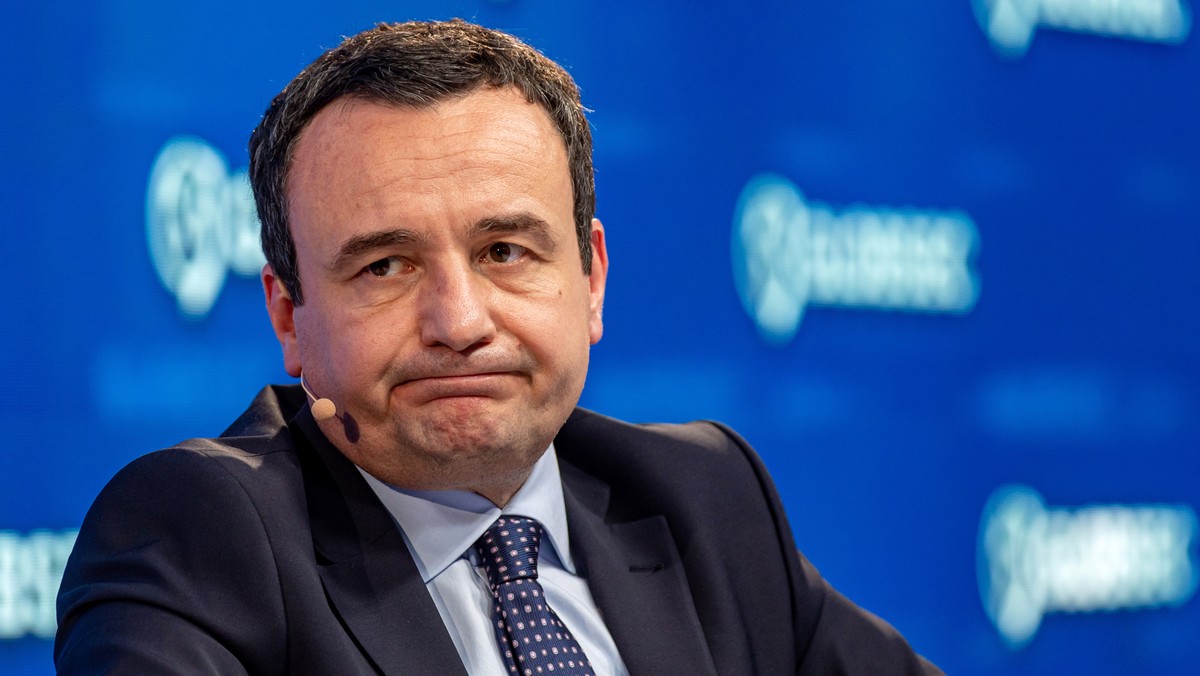 epa10664548 Prime Minister of Kosovo Albin Kurti attends a session titled 'In the Spotlight: Future of Kosovo' at GLOBSEC Security Forum in Bratislava, Slovakia, 31 May 2023. EPA/MARTIN DIVI ...