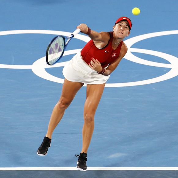 epa09382788 Belinda Bencic of Switzerland in action during the Women&#039;s singles Gold medal match against Marketa Vondrousova of Czech Republic during the Tennis events of the Tokyo 2020 Olympic Ga ...