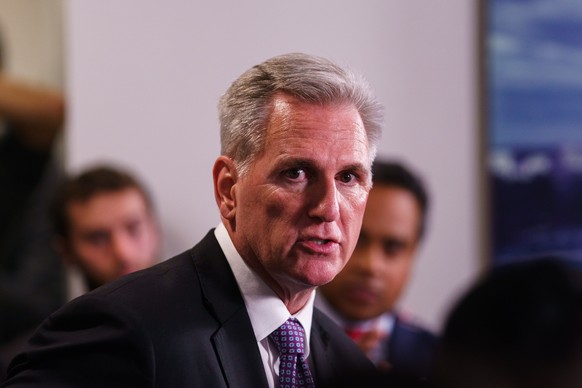 epa10891122 House Speaker Kevin McCarthy addresses the media after a meeting of the House Republican Conference on Capitol Hill after the House earlier failed to pass a procedural vote on a stop-gap g ...