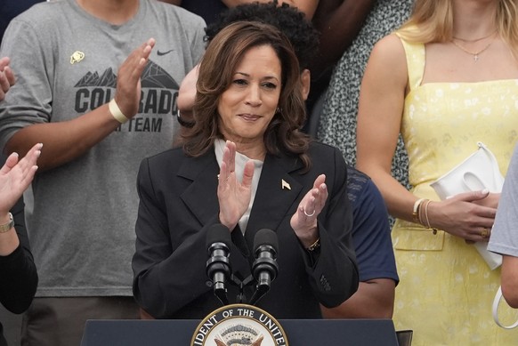 Vice President Kamala Harris speaks from the South Lawn of the White House in Washington, Monday, July 22, 2024, during an event with NCAA college athletes. This is her first public appearance since P ...