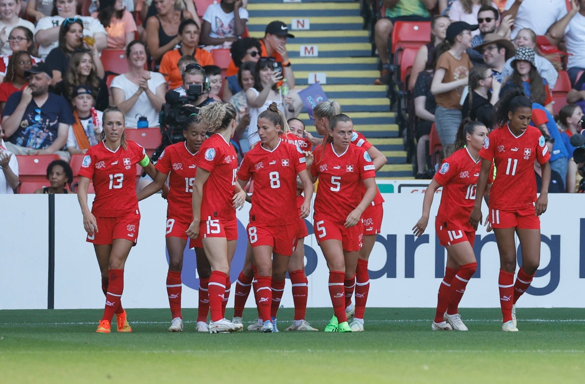 17th July 2022, Bramall Lane, Sheffield, England: Womens European International football, Switzerland versus Netherlands The Swiss celebrate their equalising goal from Geraldine Reuteler of Switzerlan ...
