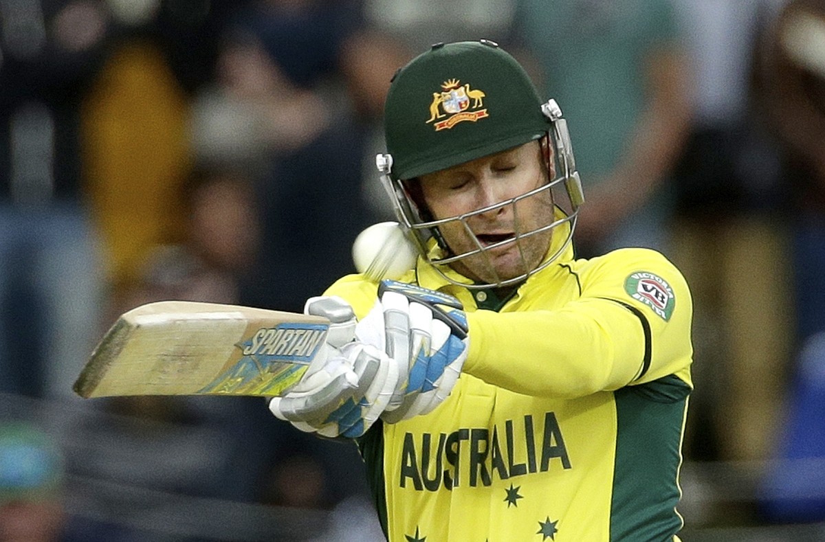 Australia's Michael Clarke is hit by the ball after mistiming a pull shot from the bowling of Scotland's Josh Davey during their Cricket World Cup match at the Bellerive Oval in Hobart, Tasm ...