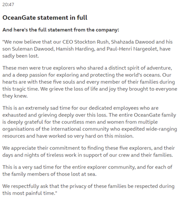 Das Statement von Oceangate in voller Länge.
