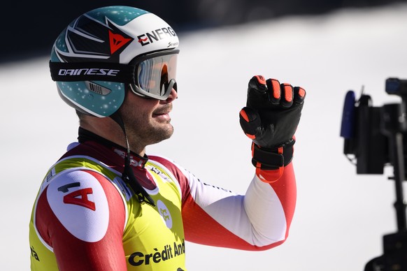 epa10523652 Austrian Vincent Krechmayer reacts in the finish area after running the men's downhill race at the FIS Alpine Ski World Cup Finals in the ski resort of El Tarter, Andorra, May 15 ...