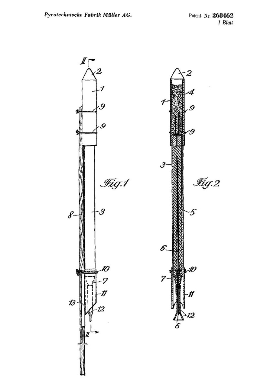 Skizze aus Müllers Patentantrag für seine Hagelrakete, eingereicht im Januar 1950.
https://worldwide.espacenet.com/patent/search/family/004476851/publication/CH268462A?q=pn%3DCH268462A