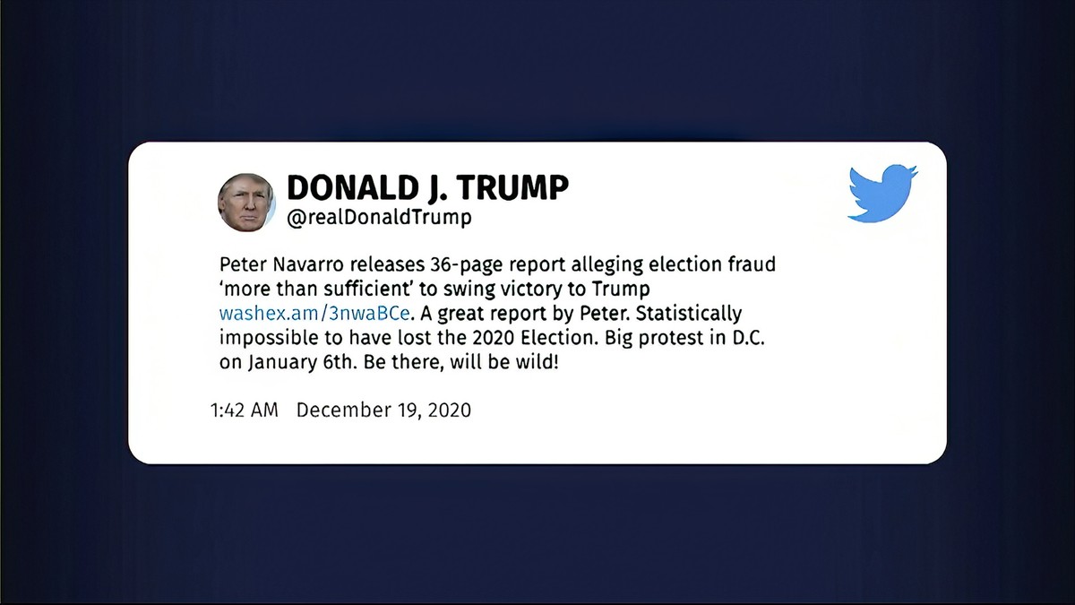 This exhibit from video released by the House Select Committee, shows a tweet by former President Donald Trump displayed at a hearing by the House select committee investigating the Jan. 6 attack on t ...