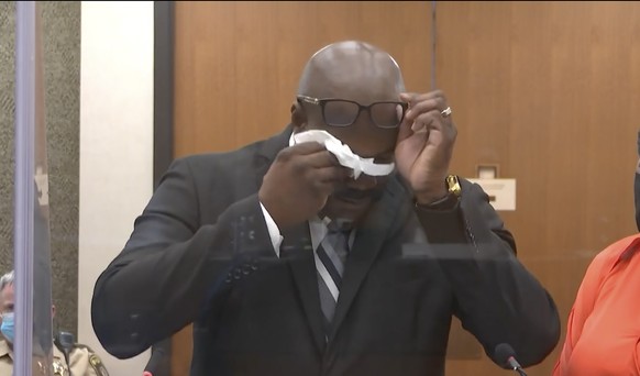 In this image taken from video, Philonise Floyd, brother of George Floyd, becomes emotional during victim impact statements as Hennepin County Judge Peter