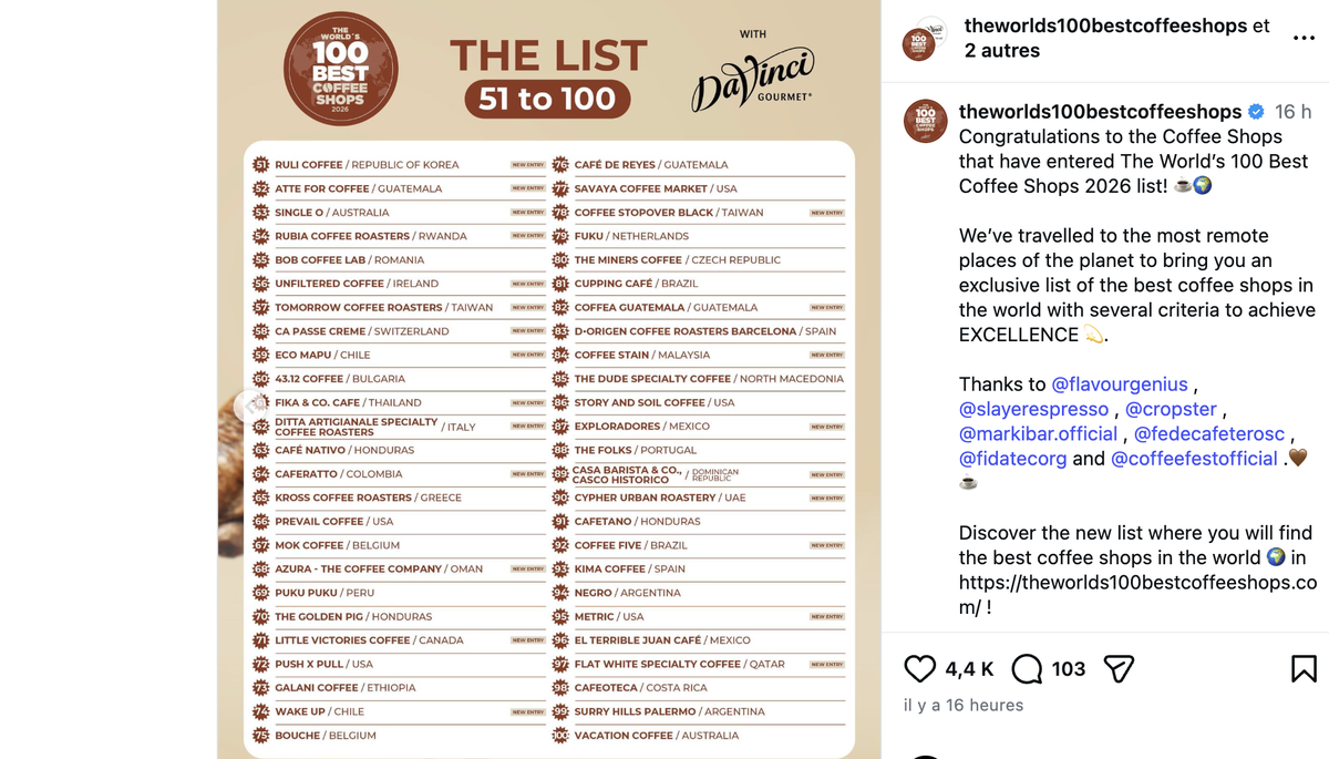 Le café lausannois «Ça passe crème» occupe la 58ème place.
