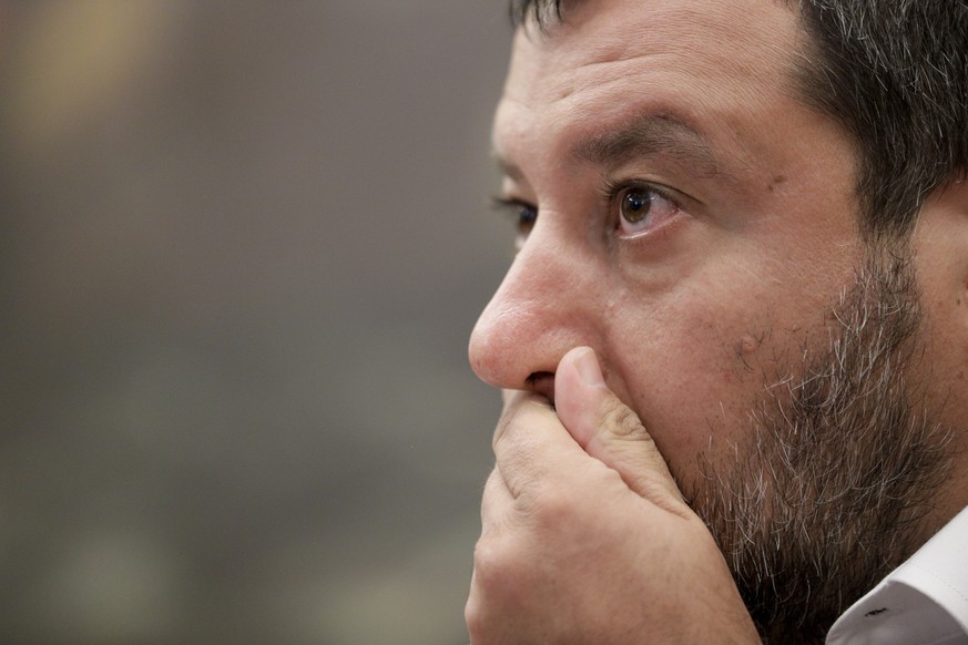 Italian Interior Minister and deputy Premier Matteo Salvini listens to journalists questions during a press conference he held in Rome, Thursday, July 25, 2019. (AP Photo/Andrew Medichini)