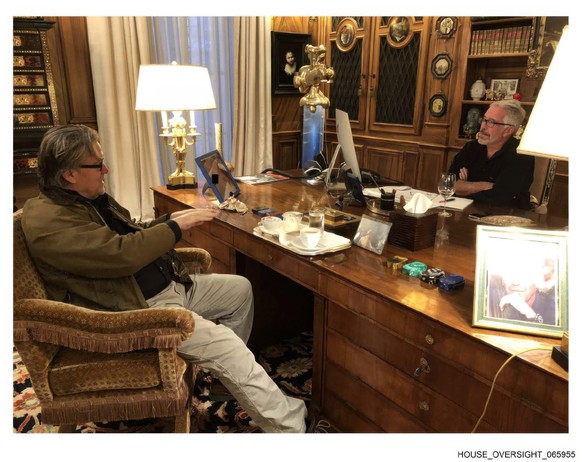 This undated photo released by Democrats on the House Oversight Committee Thursday, Dec. 18, 2025, shows Jeffrey Epstein talking with Steve Bannon. (House Oversight Committee via AP)
Trump Epstein Con ...
