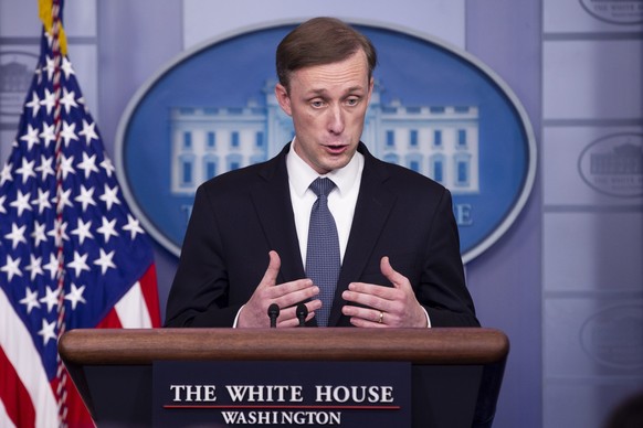 epa09627966 United States National Security Advisor Jake Sullivan participates in a news conference during which he took questions on US President Joe Biden&#039;s two-hour video call with President o ...