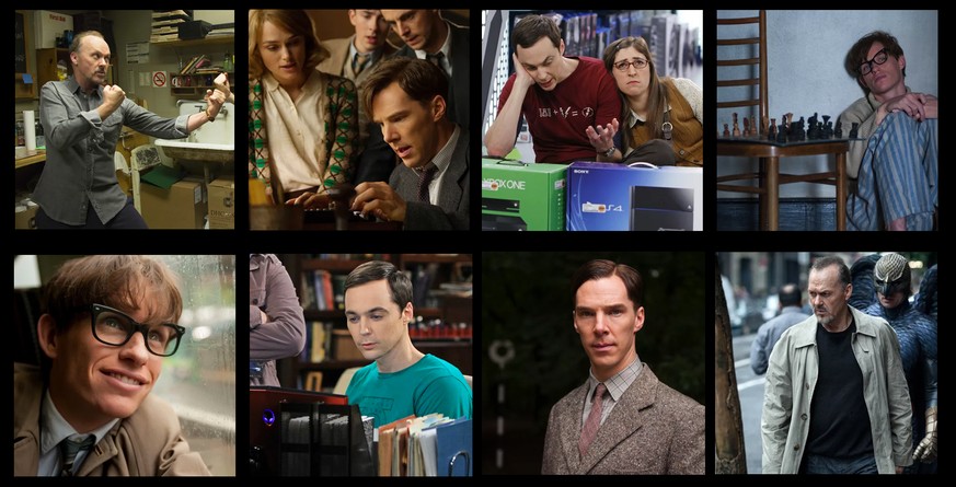 Michael Keaton in «Birdman», Benedict Cumberbatch in «The Imitation Game», Jim Parsons als Sheldon Cooper in «The Big Bang Theory», Eddie Redmayne in «The Theory of Everything» (obere Reihe, v.l.).
