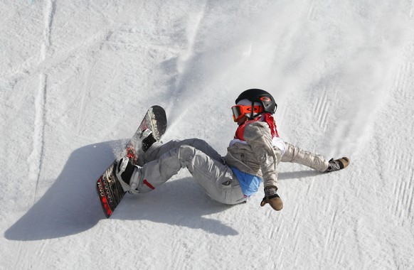 Sina Candrian, of Switzerland, lands during qualification for the women&#039;s big air snowboard competition at the 2018 Winter Olympics in Pyeongchang, South Korea, Monday, Feb. 19, 2018. (AP Photo/M ...