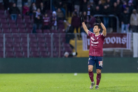 Le joueur du club genevois, Jung-Bin Park, laisse eclater sa joie, lors de la rencontre de football de Super League entre le Servette FC et le FC Thoune, ce dimanche 2 novembre 2020 au stade de Geneve ...