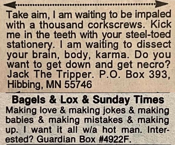 Long Lost Personals - Dating-Annoncen anno dazumal.

https://www.instagram.com/longlostpersonals/