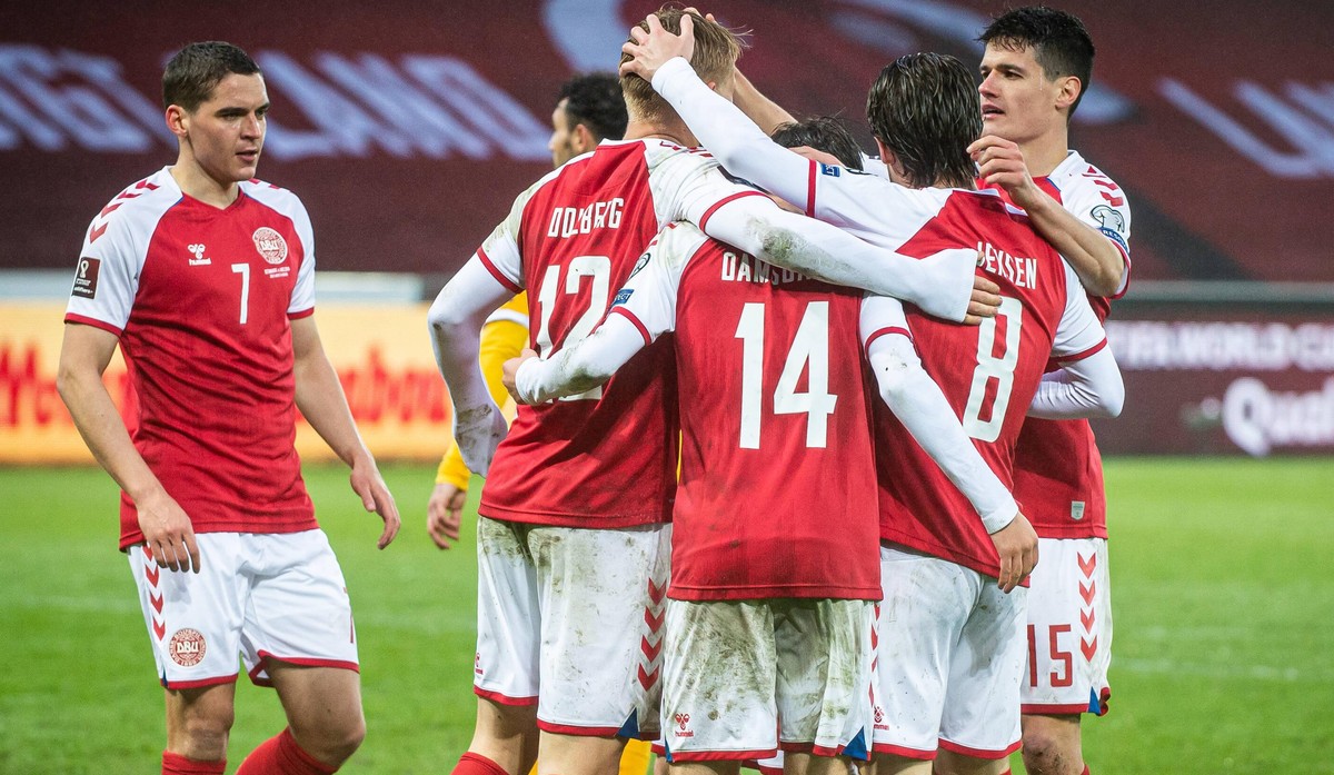 Denmark v Moldova, World Cup Qualifiers, Football Herning, Denmark. 28th, March 2021. Kasper Dolberg 12 of Denmark scores and celebrates with teammates during the FIFA World Cup, WM, Weltmeisterschaft ...