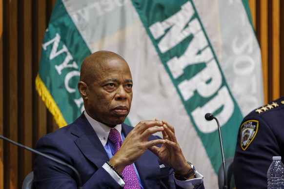 epa11055888 New York Mayor Eric Adams attends a press conference on a 2023 crime investigation at New York Police Department headquarters in New York, USA, on January 3, 2024.  According to the ...