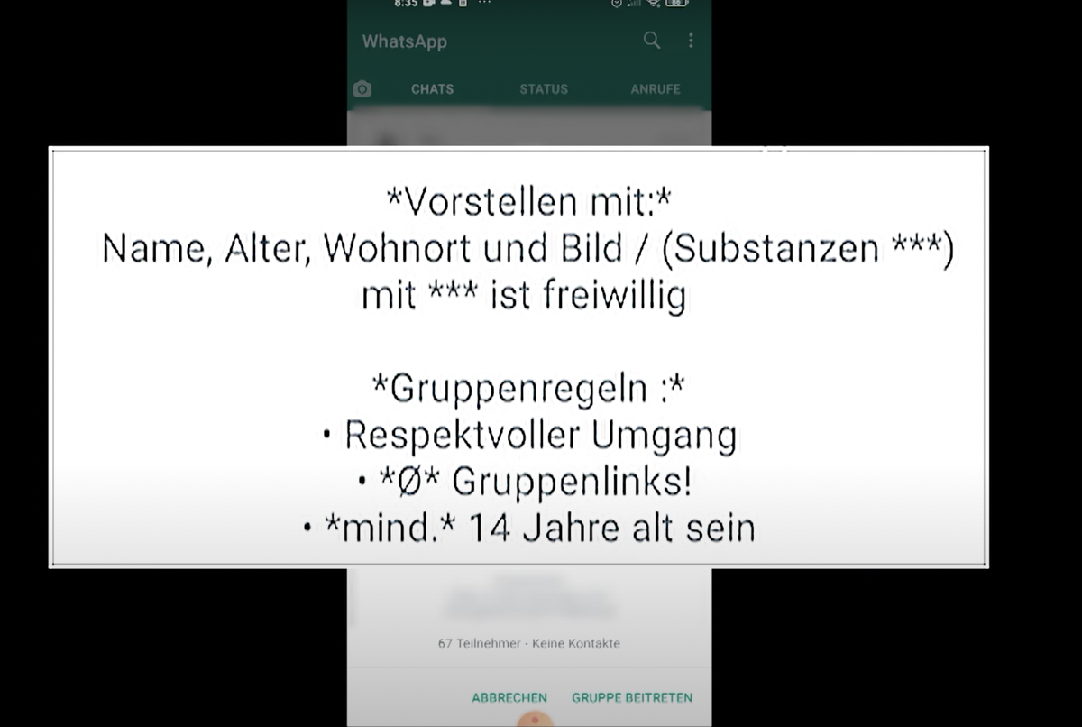 Eintrittsanforderung einer Whatsappgruppe, über die Drogenhandel abgewickelt wird.
