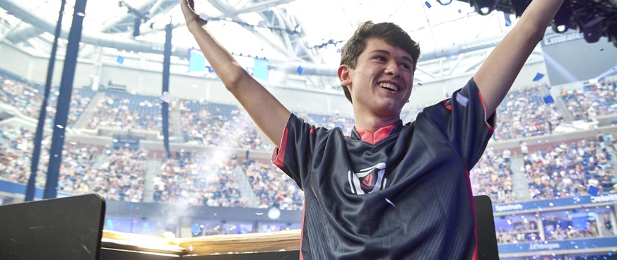 In this Sunday, July 28, 2019 photo provided by Epic games, Kyle Giersdorf reacts after he won the Fortnite World Cup solo finals in New York. Giersdorf, of Pottsgrove, Pa. who goes by the name &quot; ...