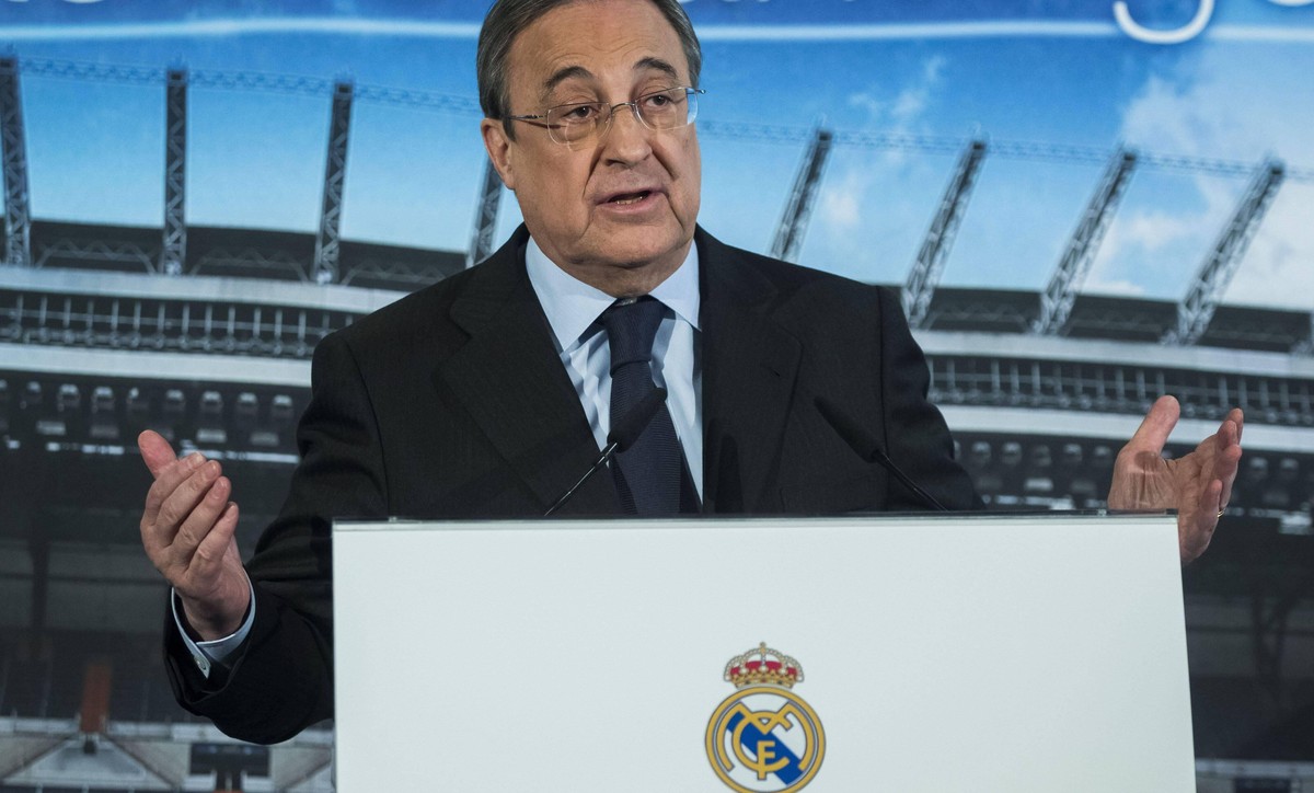 A file picture shows Real Madrid s president Florentino Perez during a press conference, PK, Pressekonferenz back in 2015 reissued 01 April 2021. Florentino Perez has demanded the Electoral Board to s ...