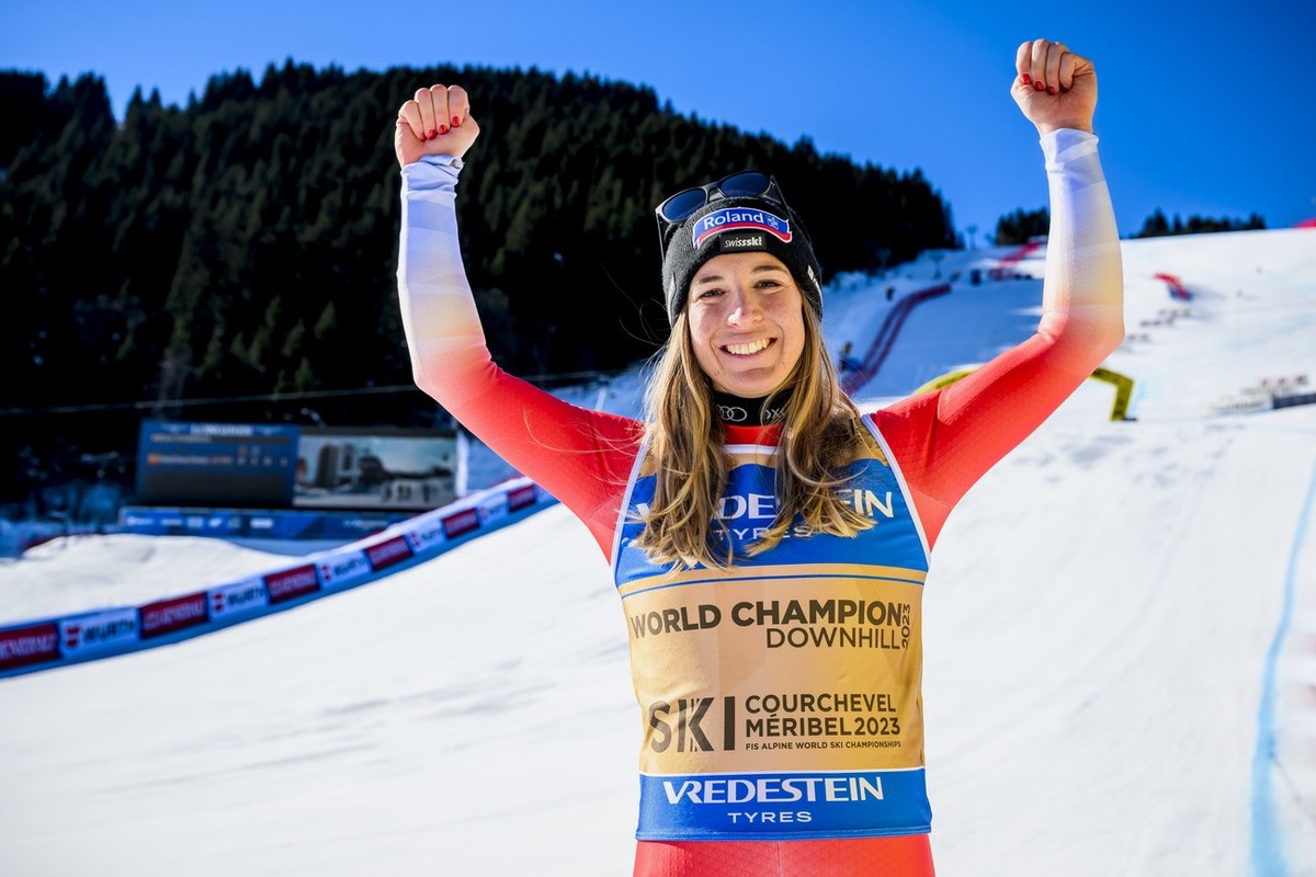 Gold medalist Jasmine Flury of Switzerland poses after the podium ceremony of the women's downhill race at the 2023 FIS Alpine Skiing World Championships in Courchevel/Meribel, France, Saturday,  ...