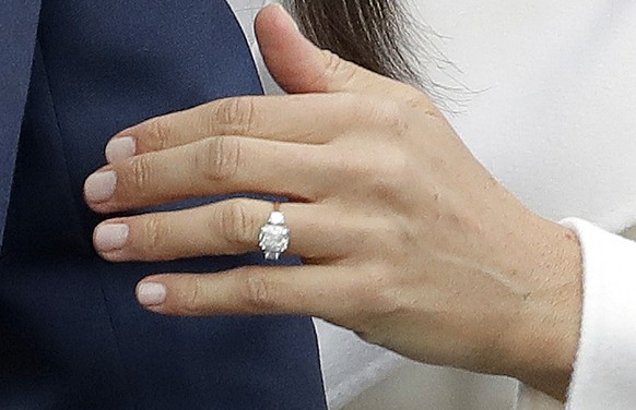 Britain&#039;s Prince Harry&#039;s fiancee Meghan Markle shows off her engagement ring as she poses for photographers during a photocall in the grounds of Kensington Palace in London, Monday Nov. 27,  ...