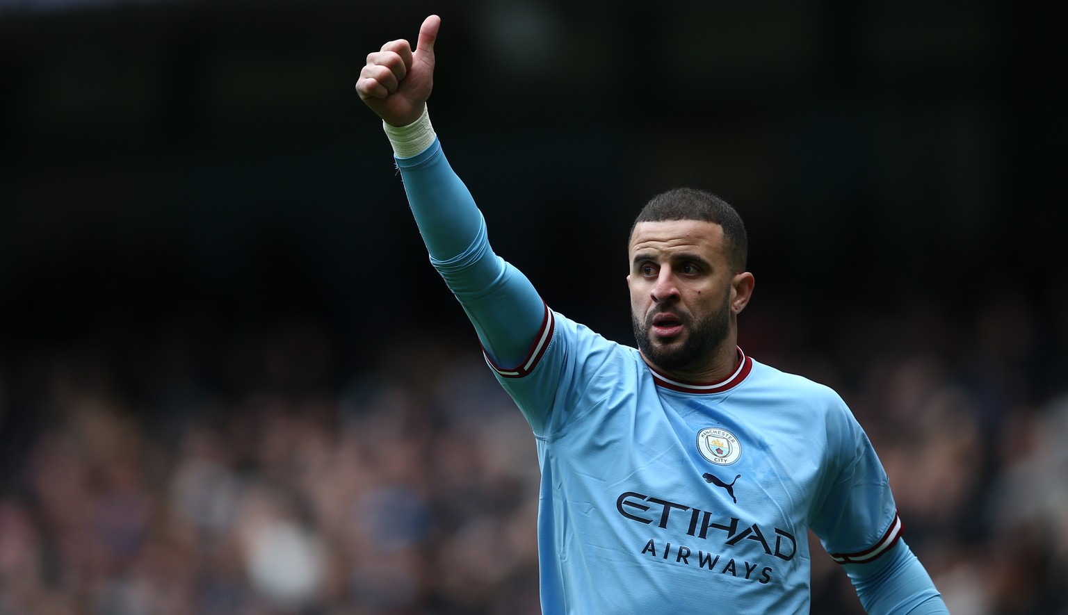 epa10502657 Kyle Walker of Manchester City reacts during the English Premier League soccer match between Manchester City and Newcastle United in Manchester, Britain, 04 March 2023. EPA/ADAM VAUGHAN ED ...